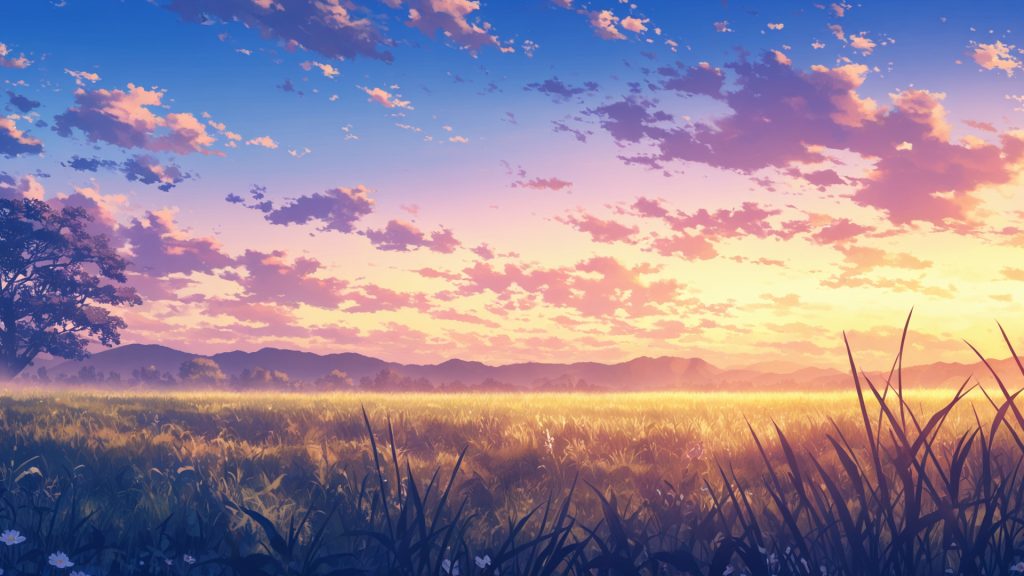 朝焼けの草原、背景、イラスト、フリー素材
