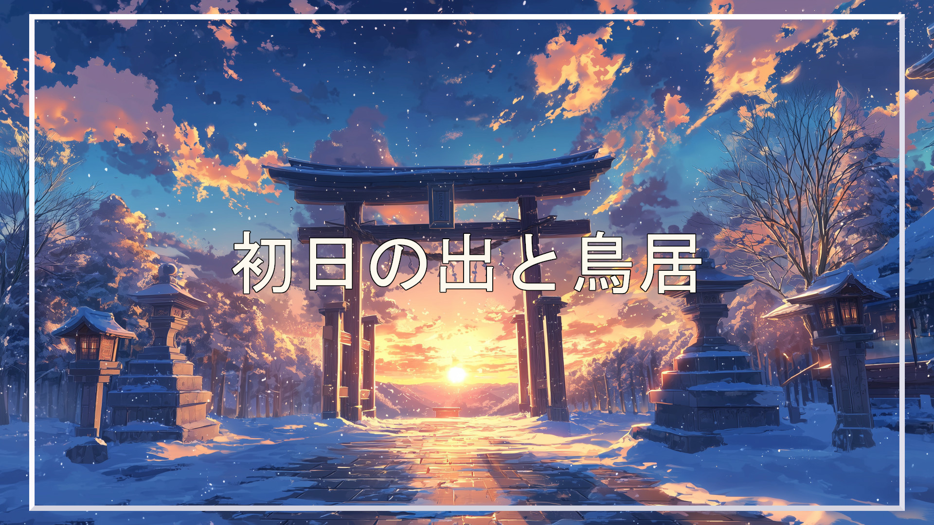 初日の出、鳥居、冬、背景、イラスト、フリー素材