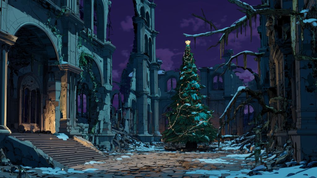 Christmas tree in ruins, winter, background illustration, free material