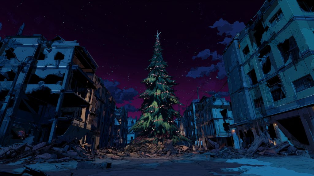 Christmas tree in ruins, winter, background illustration, free material