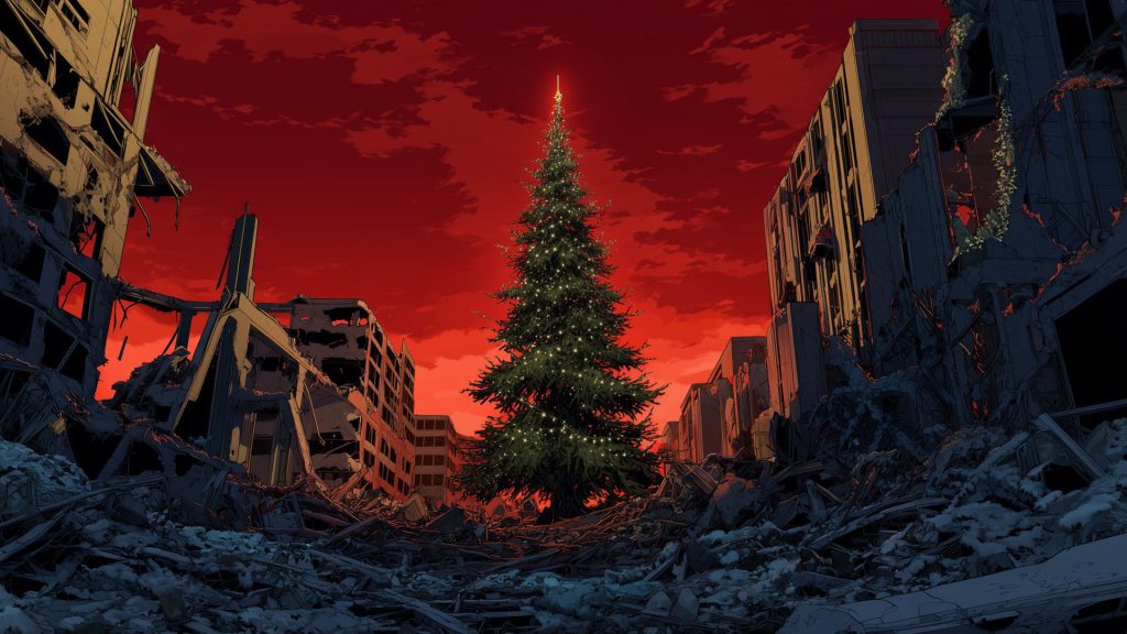 Christmas tree in ruins, winter, background illustration, free material