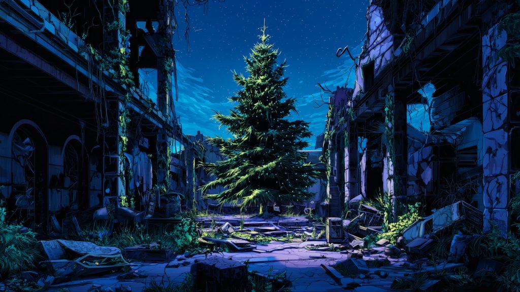 Christmas tree in ruins, winter, background illustration, free material