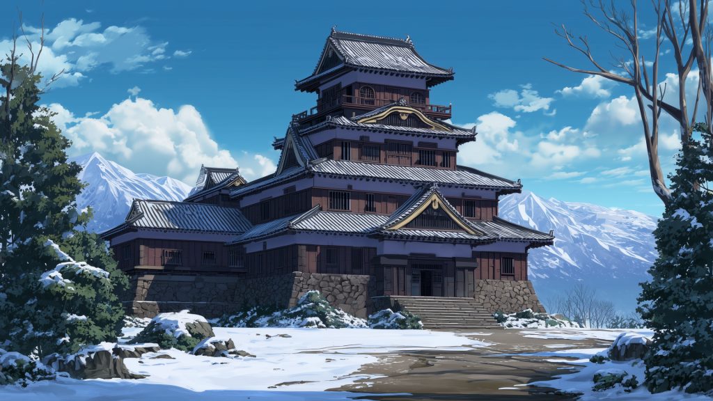 冬の日本城、背景イラスト、フリー素材