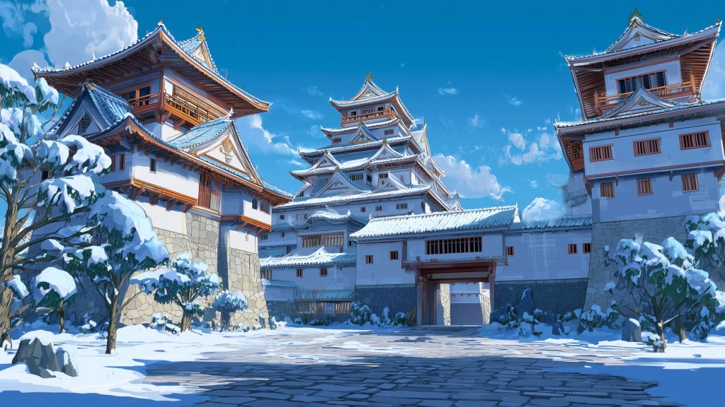 冬の日本城、背景イラスト、フリー素材