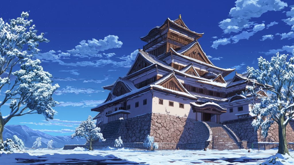 冬の日本城、背景イラスト、フリー素材