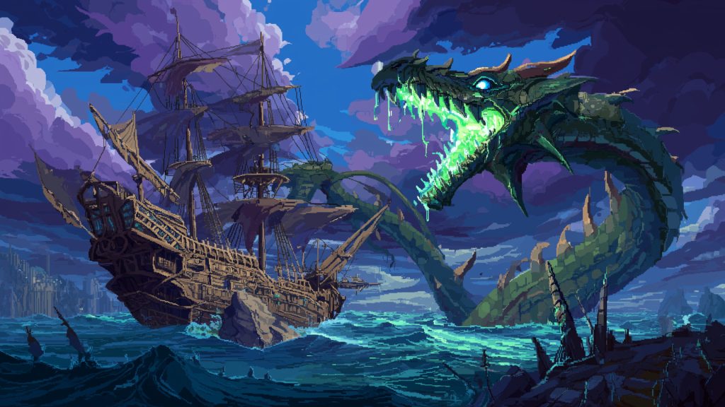 Sea serpent attacking a ship, pixel art, background illustration, free material