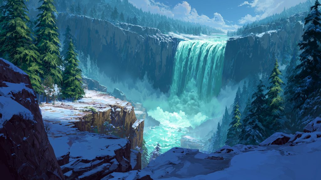 雪森の滝、冬、背景イラスト、フリー素材