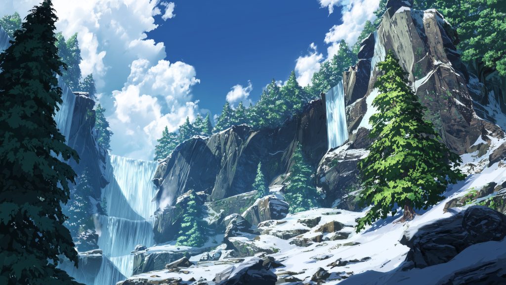 雪森の滝、冬、背景イラスト、フリー素材