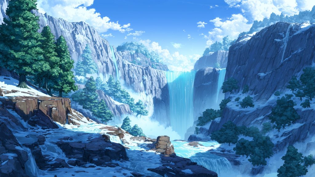 雪森の滝、冬、背景イラスト、フリー素材
