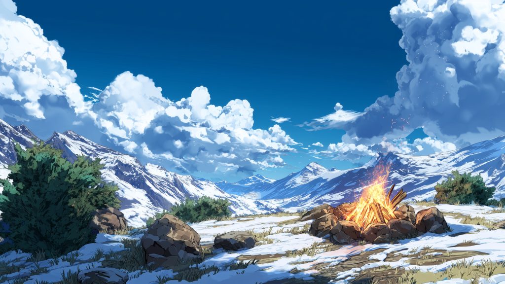雪原の篝火、冬、背景イラスト、フリー素材