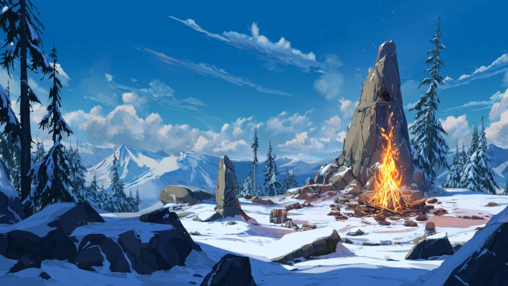 雪原の篝火、冬、背景イラスト、フリー素材