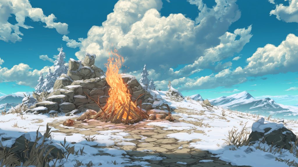 雪原の篝火、冬、背景イラスト、フリー素材