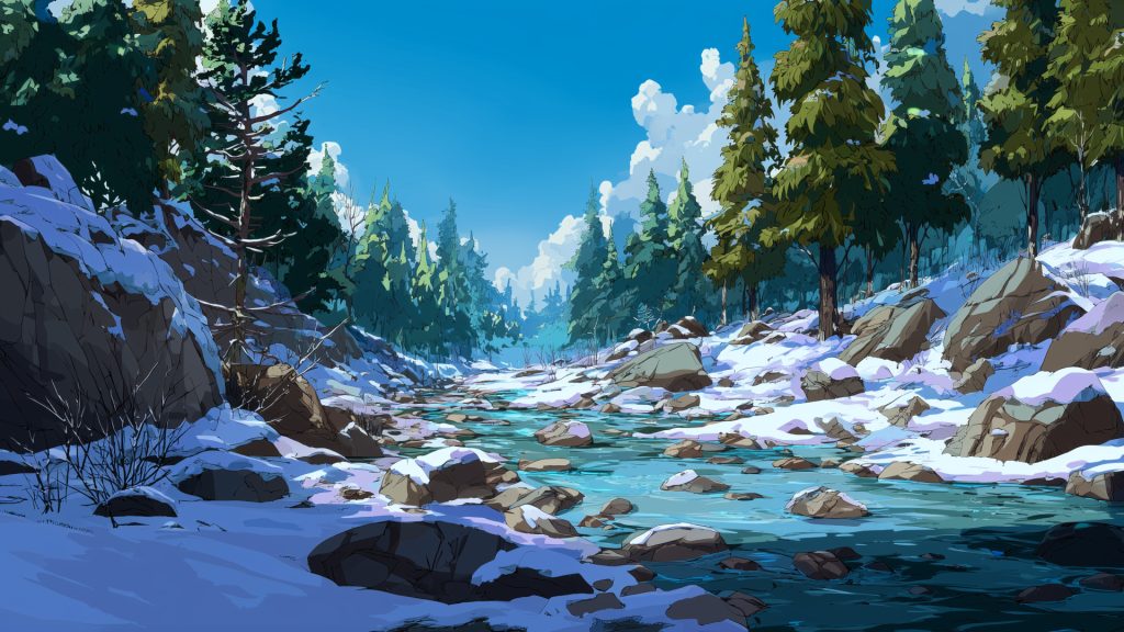 雪森の川、冬、背景イラスト、フリー素材