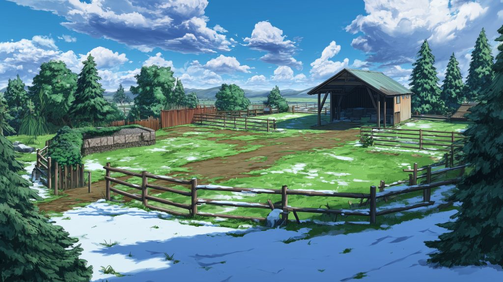 積雪の牧場、冬、背景イラスト、フリー素材