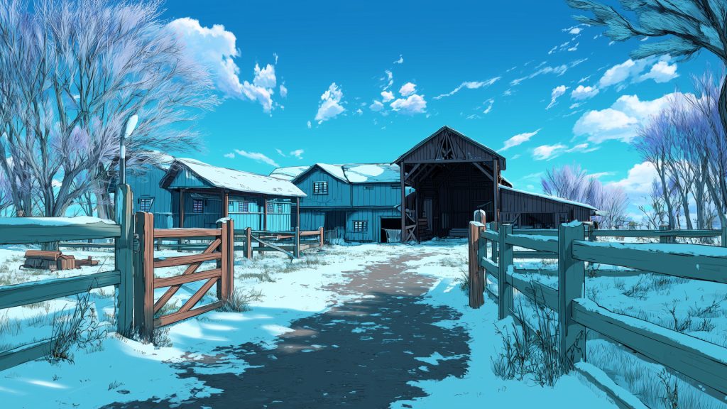 積雪の牧場、冬、背景イラスト、フリー素材