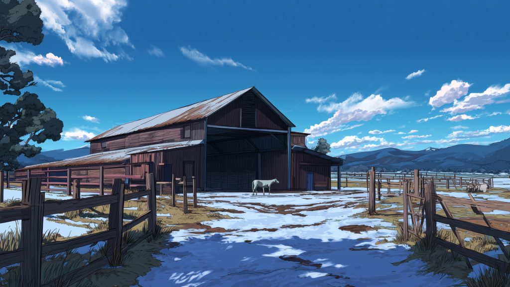 積雪の牧場、冬、背景イラスト、フリー素材