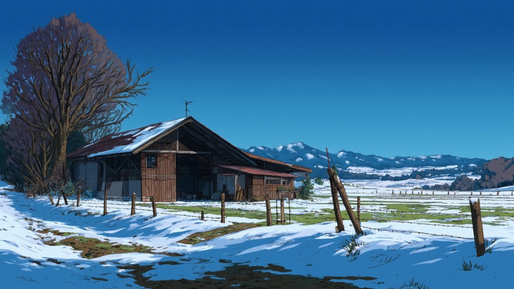 積雪の牧場、冬、背景イラスト、フリー素材
