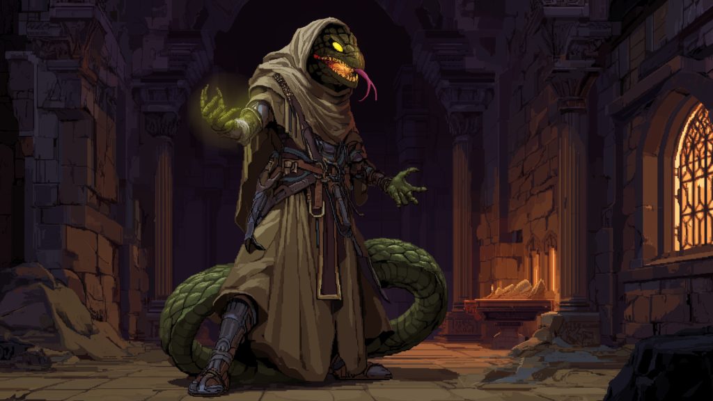 Temple serpent-men, pixel art, background illustration, free material