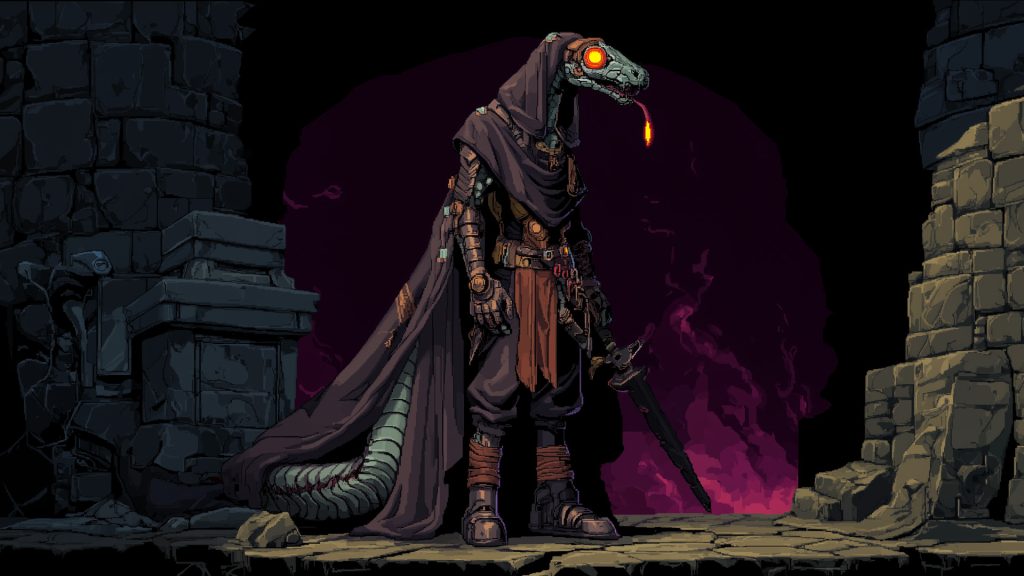 Temple serpent-men, pixel art, background illustration, free material