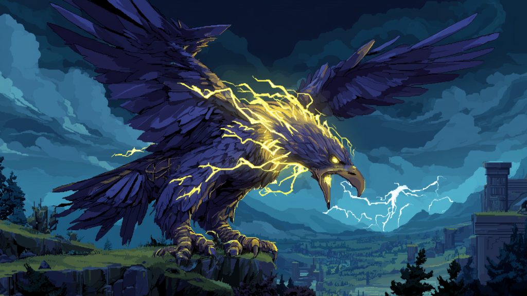 渓谷のサンダーバード、ドット絵、背景イラスト、フリー素材