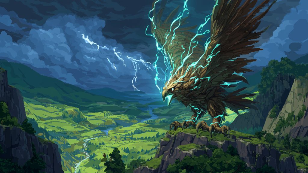 渓谷のサンダーバード、ドット絵、背景イラスト、フリー素材