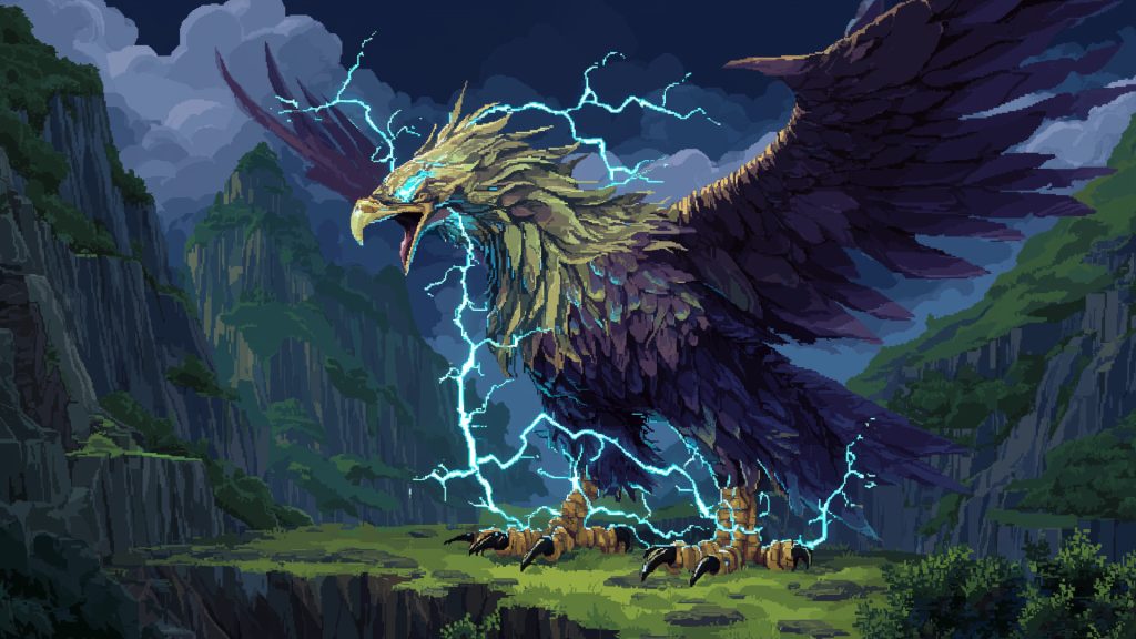 渓谷のサンダーバード、ドット絵、背景イラスト、フリー素材