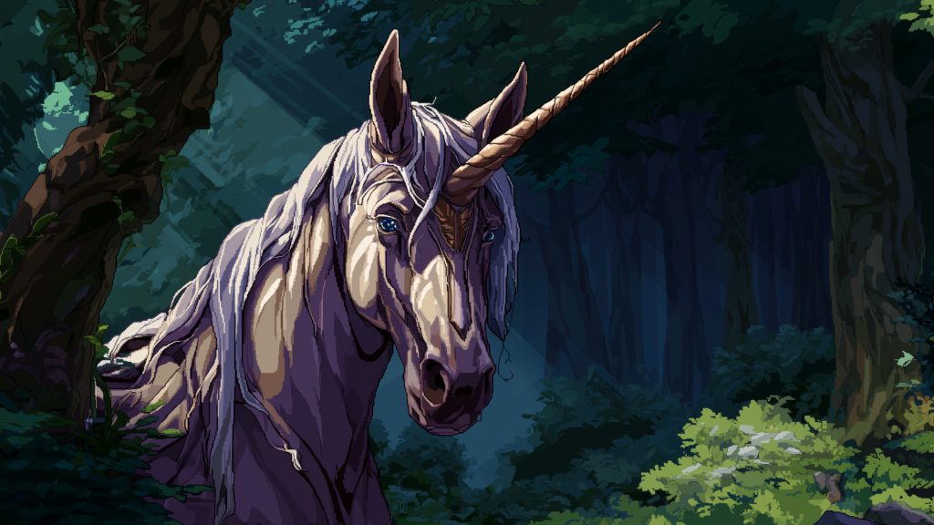 Unicorn in the forest, pixel art, background illustration, free material