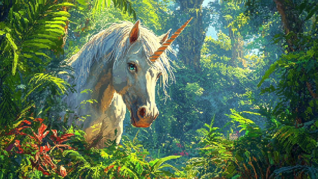 Unicorn in the forest, pixel art, background illustration, free material