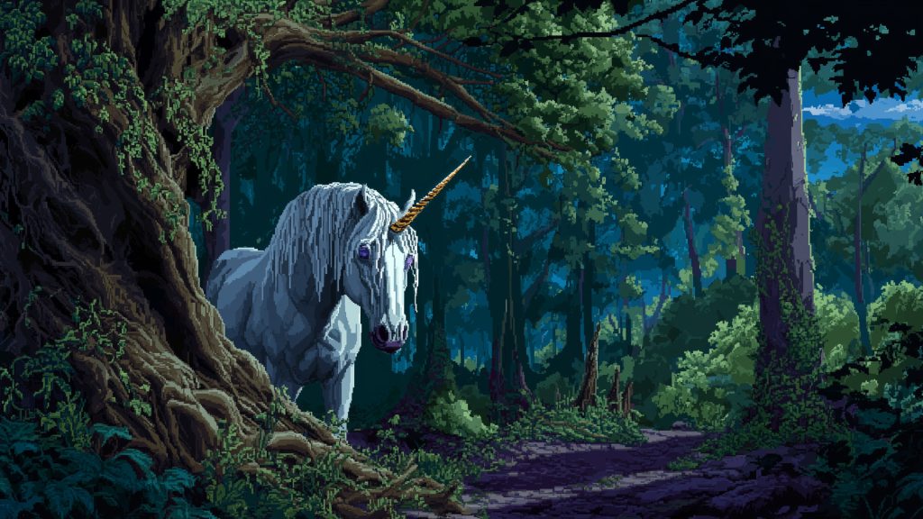 Unicorn in the forest, pixel art, background illustration, free material