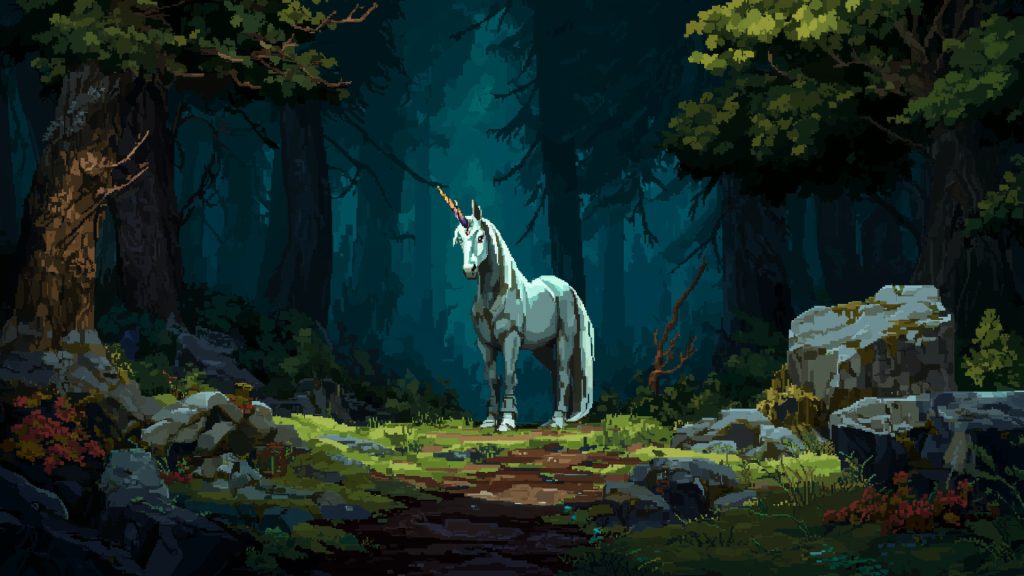 Unicorn in the forest, pixel art, background illustration, free material