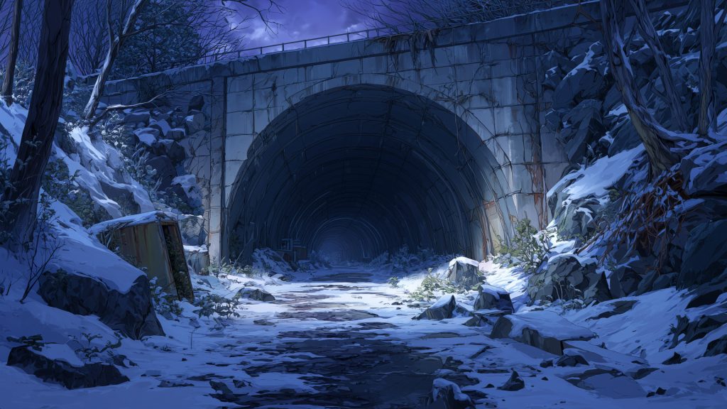 Winter night abandoned tunnel, background illustration, free material