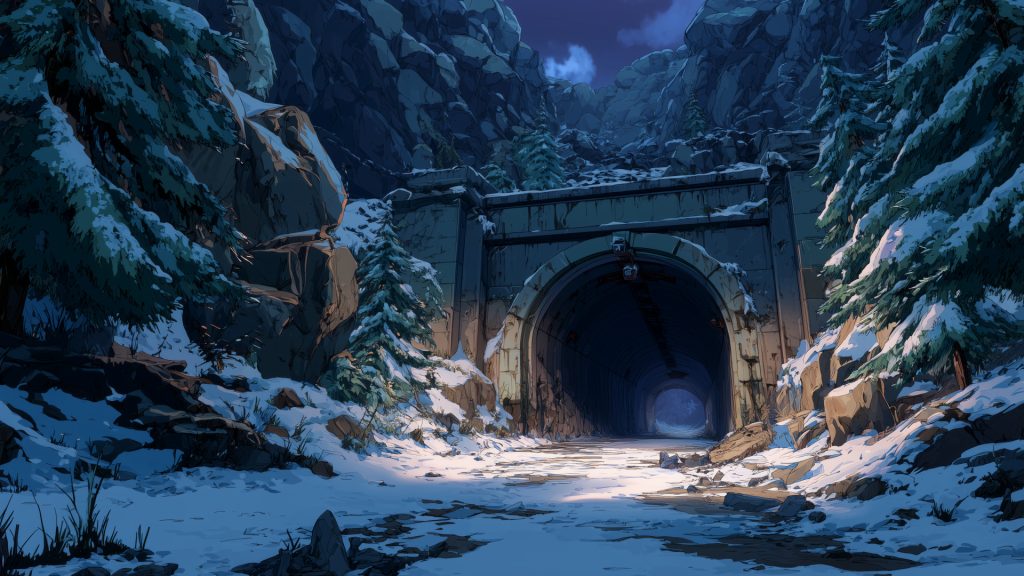 Winter night abandoned tunnel, background illustration, free material