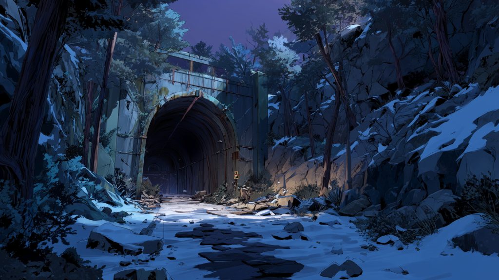 Winter night abandoned tunnel, background illustration, free material