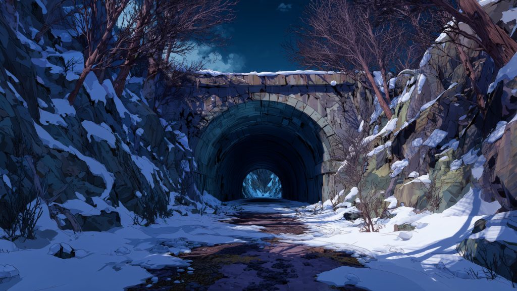 Winter night abandoned tunnel, background illustration, free material