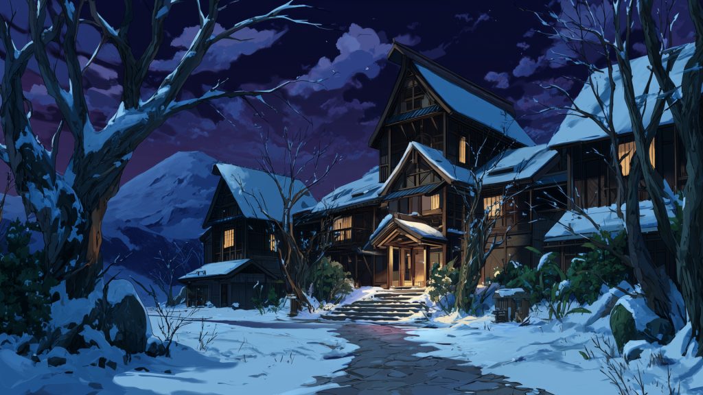冬夜の日本旅館、背景イラスト、フリー素材