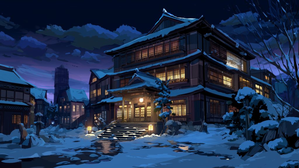 冬夜の日本旅館、背景イラスト、フリー素材