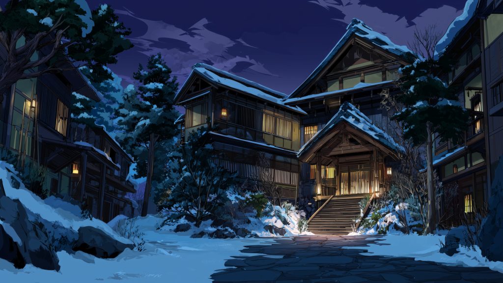 冬夜の日本旅館、背景イラスト、フリー素材