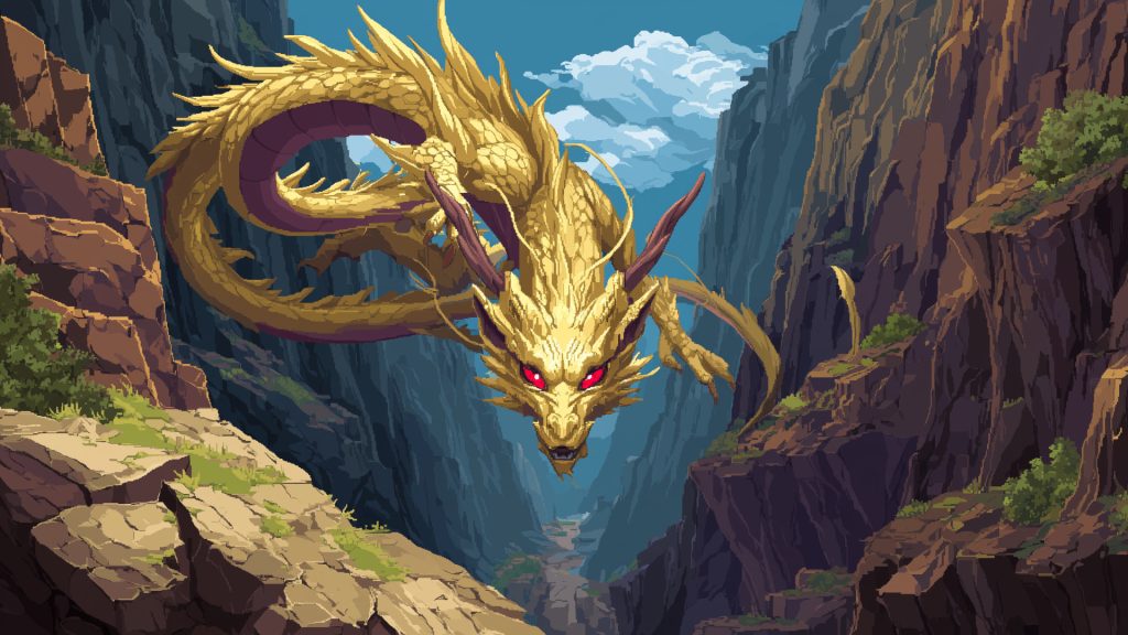 Yellow dragon in the canyon, pixel art, background illustration, free material