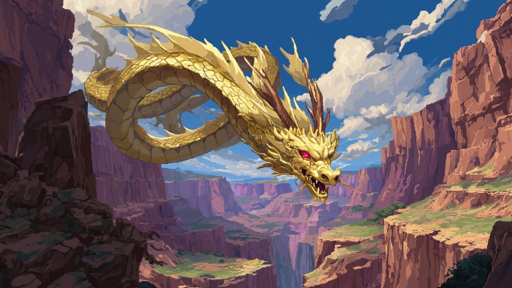 Yellow dragon in the canyon, pixel art, background illustration, free material