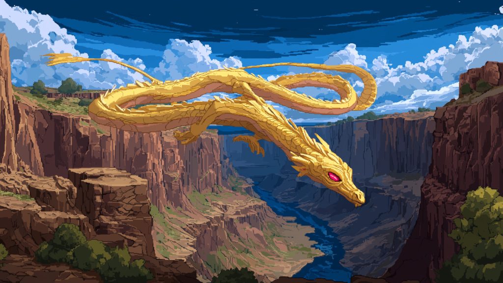 Yellow dragon in the canyon, pixel art, background illustration, free material