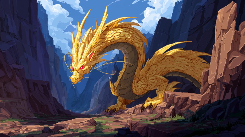 Yellow dragon in the canyon, pixel art, background illustration, free material