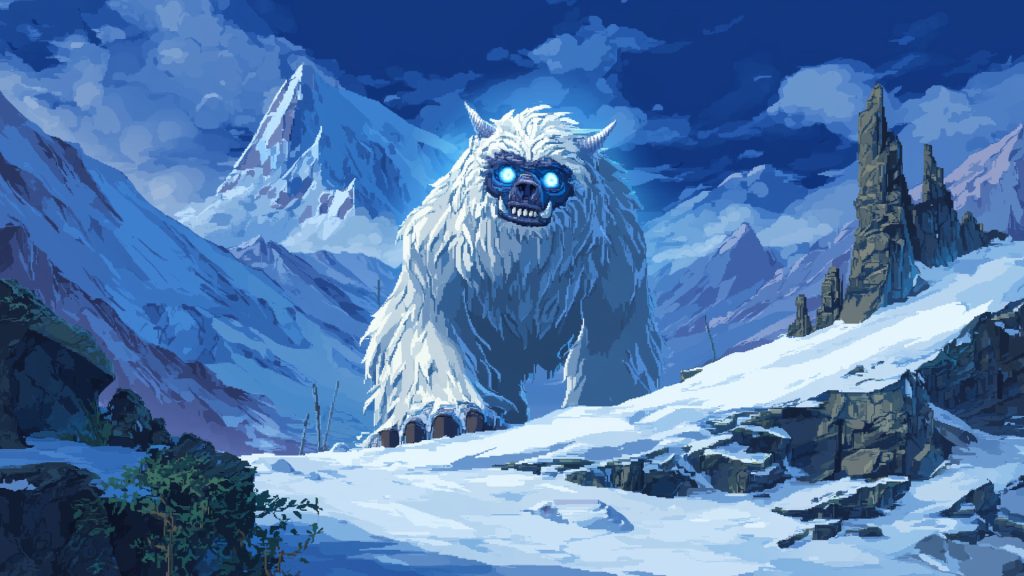 雪山のイエティ、ドット絵、背景イラスト、フリー素材