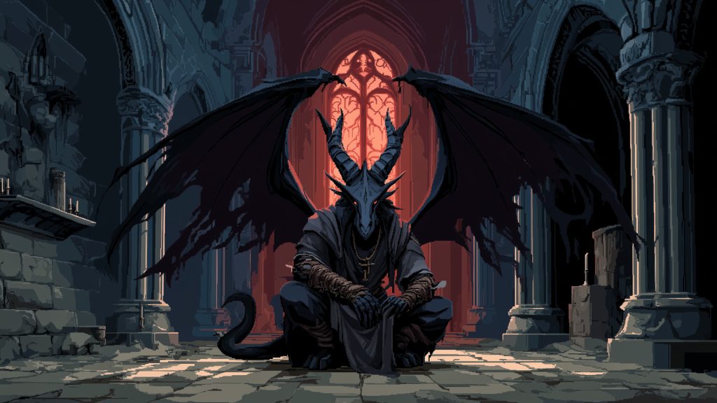Baphomet in the temple, pixel art, background illustration, free material