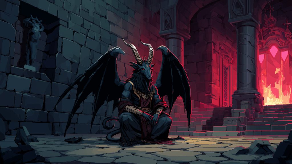 Baphomet in the temple, pixel art, background illustration, free material