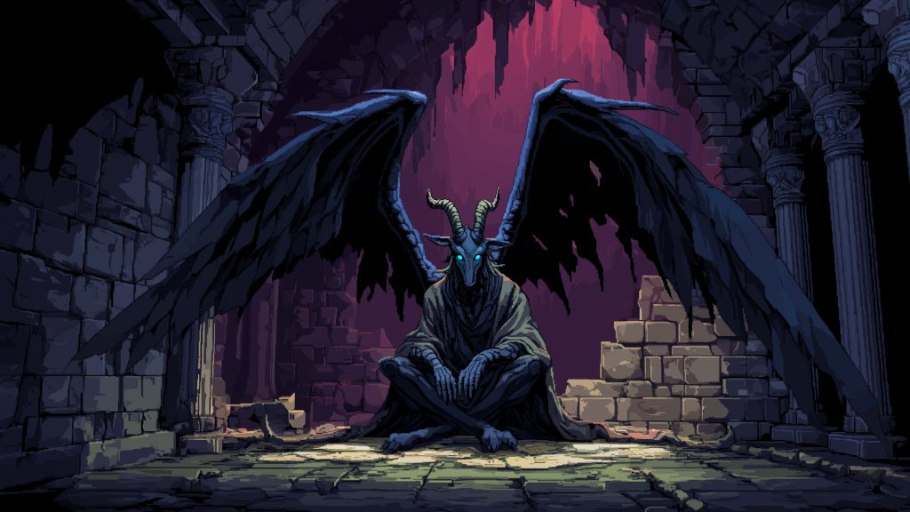 Baphomet in the temple, pixel art, background illustration, free material