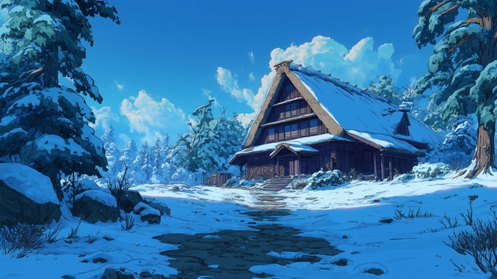 冬の茅葺き屋根の家、背景イラスト、フリー素材