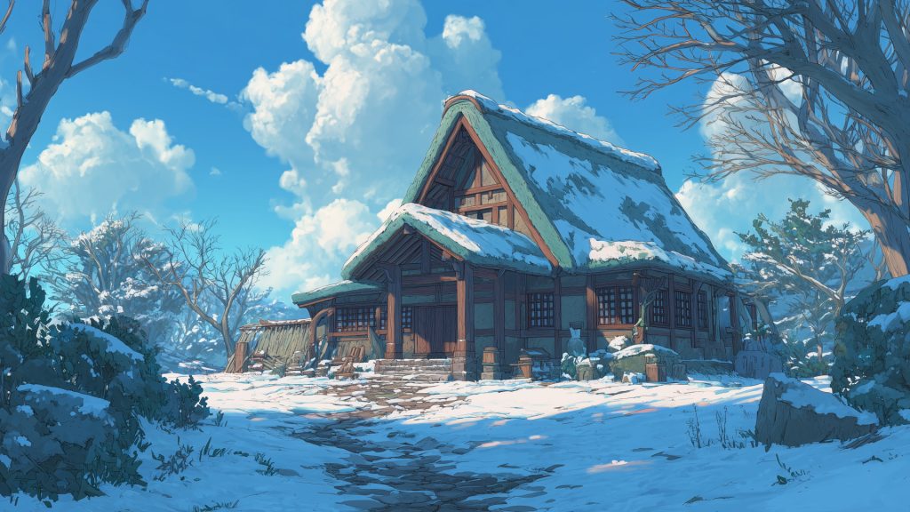 冬の茅葺き屋根の家、背景イラスト、フリー素材