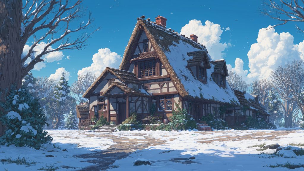 冬の茅葺き屋根の家、背景イラスト、フリー素材