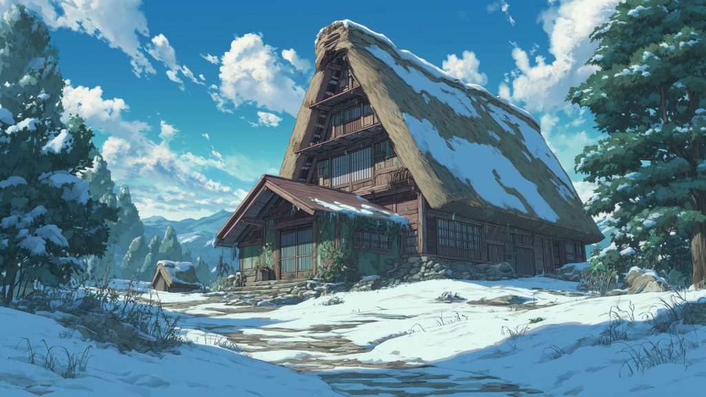 冬の茅葺き屋根の家、背景イラスト、フリー素材