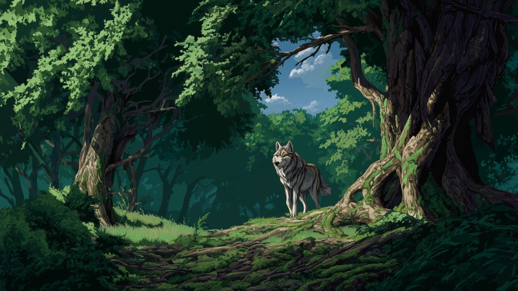 森のオオカミ、動物背景イラスト、フリー素材